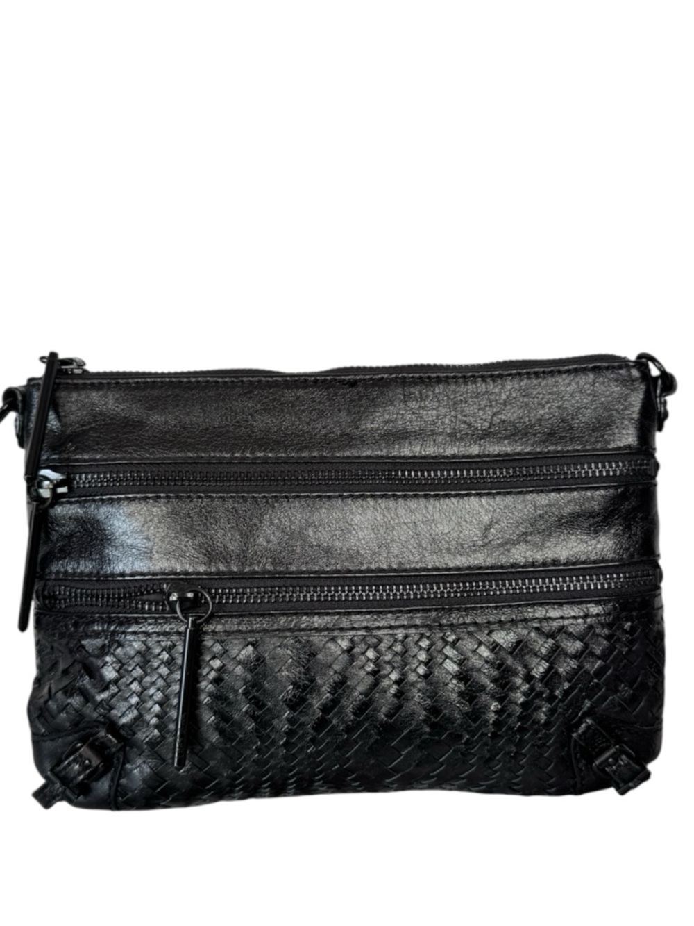 Elliott Lucca Messina Black Leather 3 Zipper Crossbody Bag